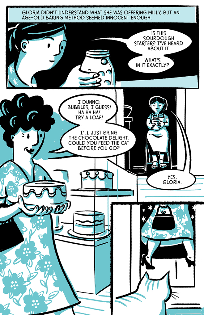 3 panel illustration of a baker asking her assistant to mind the bakery as she heads out.