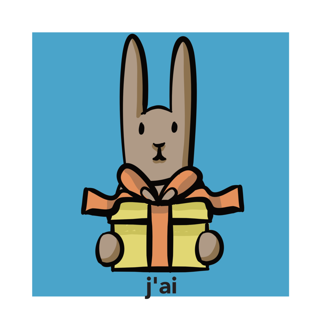 learning resource illustration of a rabbit holding a present and french "j'ai" written underneath.