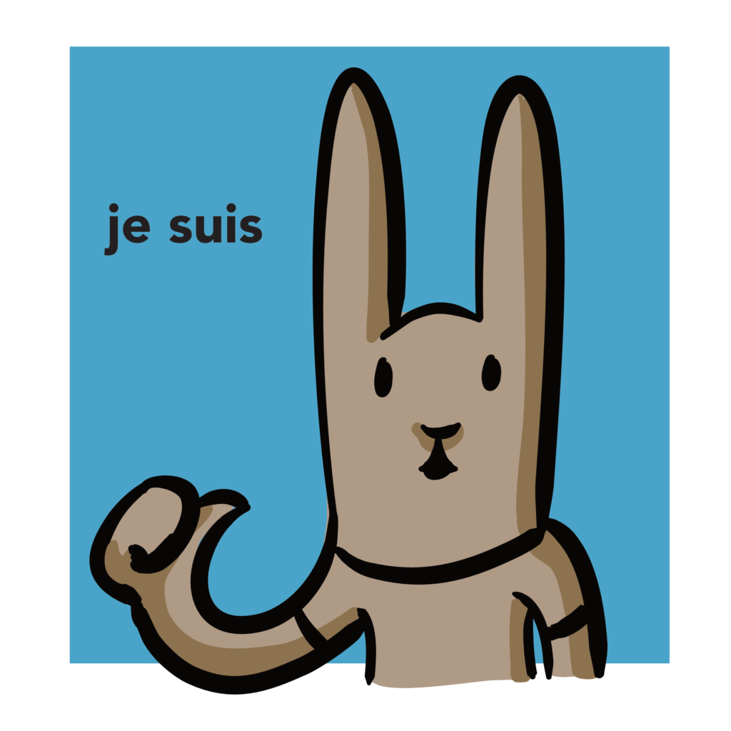 learning resource illustration of a rabbit saying "je suis" as it points to itself.