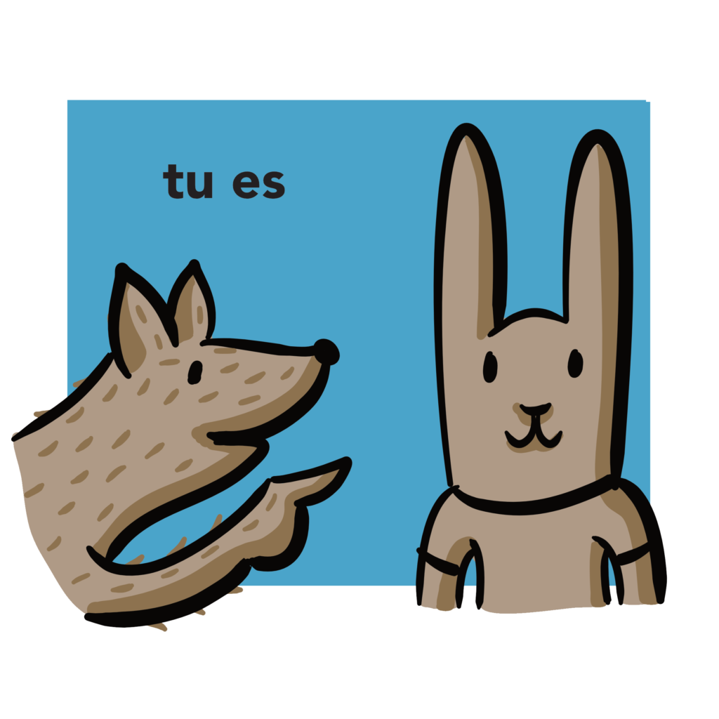 learning resource illustration of a rabbit and a dog saying "tu es" to them in french.